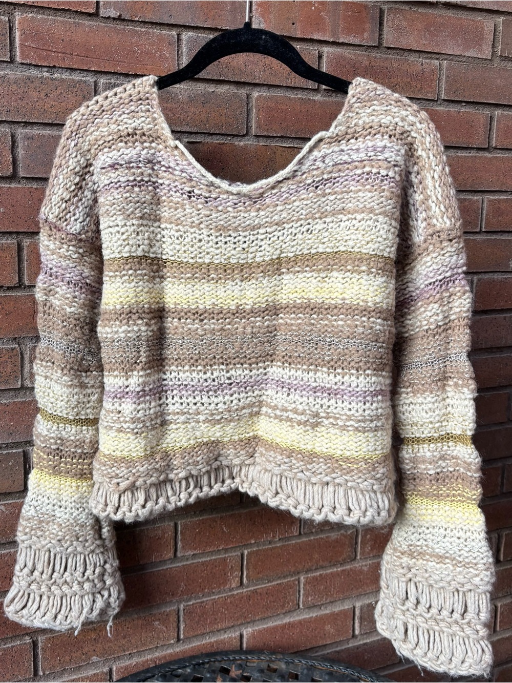 Free People Striped Chunky Knit V-Neck Sweater in Cream, Tan, Yellow